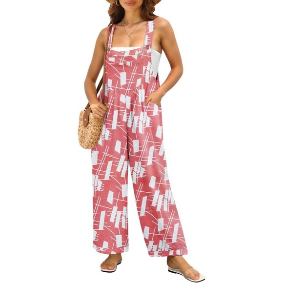 Pants - Women's Jumpsuits Boho Wide Leg Rompers with Pockets - Pink White Square